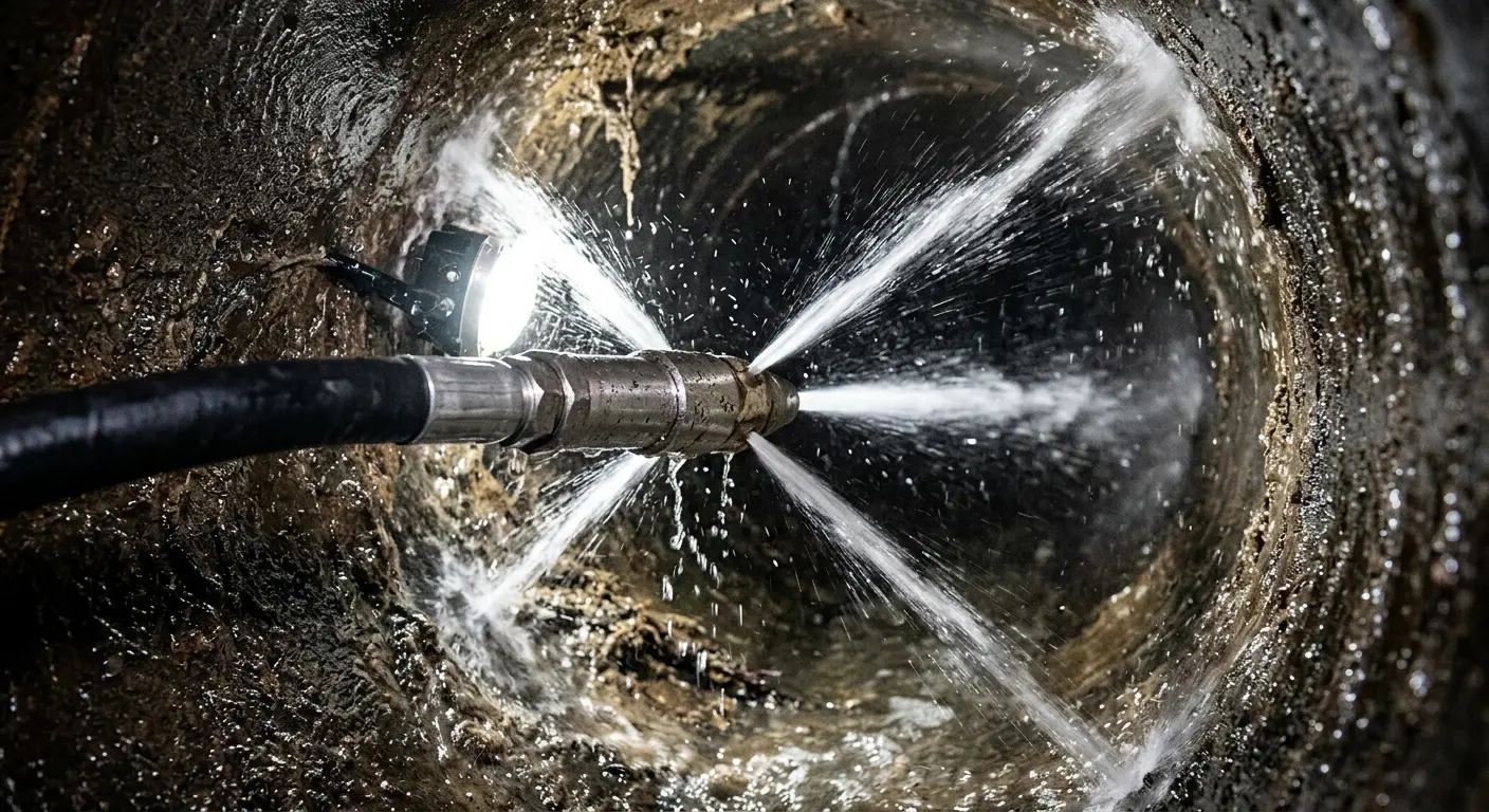 High-pressure hydro jetting nozzle cleaning sewer pipe for Emergency Drain Service in South Strabane