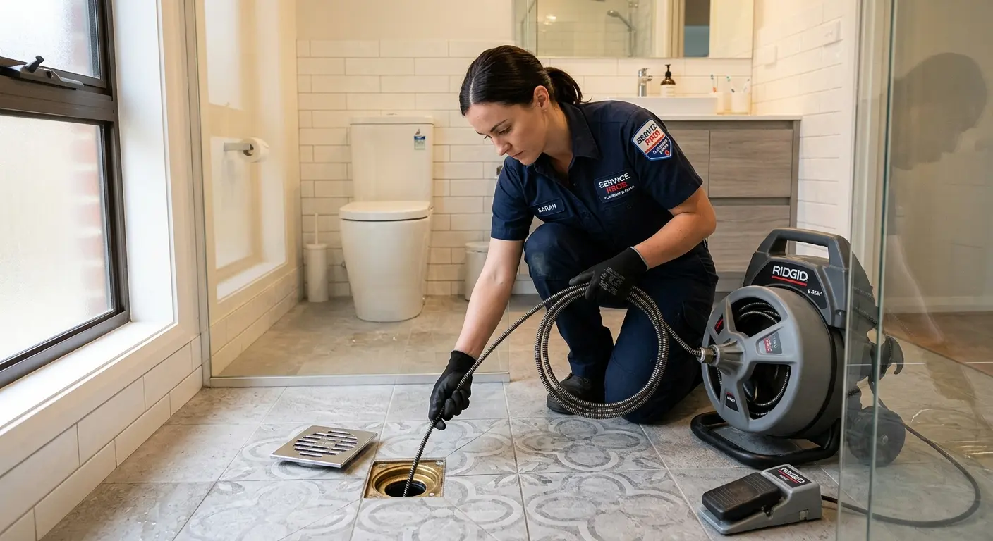 Technician clearing a bathroom floor drain for Drain Cleaning in South Strabane